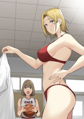 2girls armpit armpit_crease armpit_peek armpits ass bare_armpits bare_arms bare_belly bare_chest bare_hands bare_hips bare_legs bare_midriff bare_navel bare_shoulders bare_skin bare_thighs bare_torso basketball basketball_(ball) basketball_uniform belly belly_button big_breasts blonde-haired_female blonde_eyebrows blonde_female blonde_hair blue-eyed_female blue_eyes blush blush_face blush_lines blushed_face blushing_at_viewer blushing_face blushing_female bra breasts busty busty_female busty_teenager closed_mouth_smile collarbone dot_nose earrings elbows exposed exposed_arms exposed_belly exposed_legs exposed_midriff exposed_shoulders exposed_thighs exposed_torso eyebrows_visible_through_hair female female_only fingernails fingers grin hairless_armpits half_naked half_nude hamazaki_reina hand_on_hip hand_on_own_hip hand_on_own_waist hand_on_waist head_tilt high_resolution high_school_student highres imaizumin-chi_wa_douyara_gal_no_tamariba_ni_natteru_rashii indoor indoor_nudity indoors large_breasts lean_figure legs light-skinned_female light_skin lips looking_at_viewer looking_down looking_down_at_viewer looking_sideways looking_to_the_side medium_hair multiple_females multiple_girls naked naked_female narrow_waist navel nori_gorou nude nude_female nudity open_mouth panties parted_bangs parted_lips red_bra red_panties red_underwear school school_girls schoolgirl semi_nude shaved_armpits shirt shirt_removed short_hair shoulders sideboob slender_body slender_waist slim_female slim_waist smile smiley_face smiling smiling_at_viewer smirk smooth_armpits smooth_skin standing teenage_female teenager thick_ass thick_thighs thighs thin_waist tilted_head topwear topwear_removed underboob underwear upper_body white_shirt white_topwear wide_hips