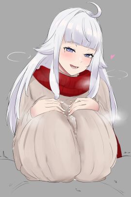 1boy 1girls blue_eyes blush clothed_female_nude_male cum cum_through_clothes ember_amane ember_amane_(jersey_maid) eyebrows_visible_through_hair female grey_hair heart light-skinned_female light_skin looking_at_viewer male male_pov male_silhouette nao_(ritsancrossover) nipple_bulge paizuri paizuri_lead_by_female paizuri_under_clothes phase_connect phase_invaders pov scarf silhouette sweater virtual_youtuber