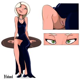 2020 b-intend blonde_hair blue_dress blue_nails breasts cleavage disney dress female female_focus female_only green_eyes high_heels long_hair mirage_(the_incredibles) no_panties painted_fingernails painted_nails pixar pubic_hair pussy table the_incredibles white_fur