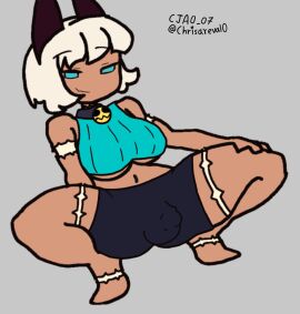 1futa blue_eyes cat_ears cjao_07 dark-skinned_female dark_skin female futa_only futanari intersex nadia_fortune naked naked_female necklace scars self_upload short_hair short_shirt short_shorts skullgirls solo squatting white_hair