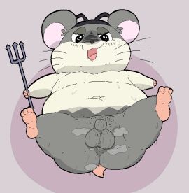 2023 anthro ass belly bodily_fluids cricetid genitals grey_body hamster hamtaro_(series) male mammal musk navel open_mouth osleif overweight overweight_male penis rodent small_penis solo spat_(hamtaro) sweat white_body