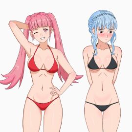 2girls alternate_costume arm_behind_head armpits arms_behind_back bangs bikini black_bikini black_swimsuit blue_hair blush braid brown_eyes embarrassed female female_only fire_emblem fire_emblem:_three_houses grin hilda_valentine_goneril light_blue_hair looking_at_viewer marianne_von_edmund multiple_females multiple_girls nintendo one_eye_closed overused23 pink_eyes pink_hair pose red_bikini red_swimsuit sidelocks smile swimsuit twintails white_background wink