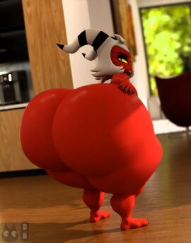 2025 2_horns 3d 5_fingers ass big_ass big_butt black_eyelids black_nails black_stripes colored_nails digital_media_(artwork) english_description fingers floor hair half-closed_eyes hand_on_ass hand_on_butt helluva_boss hi_res horn imp inside looking_back male male_only moxxie_(helluva_boss) moxxie_(valorlynz) nails narrowed_eyes nude nude_anthro nude_male rear_view red_body red_skin sharp_teeth solo standing striped_horn stripes teeth thick_thighs totallyd white_hair wood wood_floor yellow_eyes