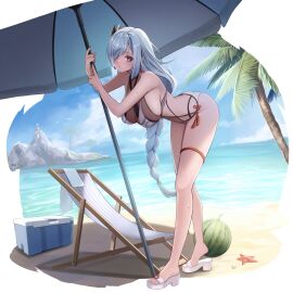 1girls 2d 2d_(artwork) alternate_costume beach big_breasts bikini bikini_bottom bikini_top braided_hair breasts clouds day female female_focus female_only full_body genshin_impact hair_over_one_eye high_resolution highres huge_breasts light-skinned_female light_skin long_hair long_legs looking_at_viewer mature mature_female ocean outdoors palm_tree sand sandals shenhe_(genshin_impact) silver_hair slim_female solo solo_female solo_focus standing summer swimsuit thong thong_bikini two_piece_swimsuit umbrella water watermelon ytrk