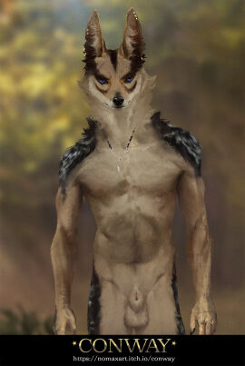 animal_genitalia anthro balls biped black_body black_fur blue_eyes blurred_background canid canine canis casual_nudity claws conway_(game) digital_drawing_(artwork) digital_media_(artwork) ear_piercing ear_ring fully_sheathed fur genitals hi_res jackal jewelry looking_at_viewer male mammal nature navel necklace neutral_expression nomax nude outdoor_nudity outside perce_(conway) piercing portrait ring_piercing sheath slim solo standing tan_body tan_fur three-quarter_portrait
