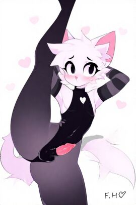 1boy femboy furry_male gymnastics leather_clothing leg legs_up male penis shy stockings