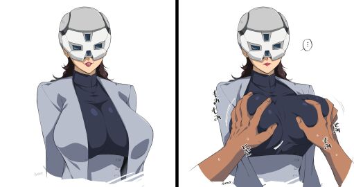 ... 1boy 1girls 2023 2koma absurd_res artist_name black_hair black_sweater breast_fondling breast_grab breasts clothed clothing comic dark-skinned_male dark_skin disembodied_hand female female_focus fully_clothed grey_jacket gundam gundam_suisei_no_majo helmet highres huge_breasts jacket light-skinned_female light_skin lipstick long_hair looking_at_viewer male mask mature_female partial_male prospera_mercury red_lipstick sakura_na_omiki signature simple_background smile solo_focus sound_effects speech_bubble spoken_ellipsis sweat sweater teeth tight_clothing turtleneck turtleneck_sweater white_background