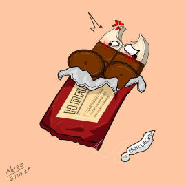 2024 2d angry artist_name big_breasts blush breasts breasts_out candy candy_transformation chocolate chocolate_bar color colored digital_media_(artwork) embarrassed female food food_transformation hollow_knight hornet_(hollow_knight) imminent_vore inanimate_transformation low_res muzzztang03 pink_background post-transformation simple_background team_cherry tits_out transformation