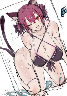 2_tails ;d all_fours animal_ears bikini black_bikini breasts cat_ears cat_tail cleavage commentary female full_body highres kaenbyou_rin large_breasts looking_at_viewer multi_tail nekomata one_eye_closed open_mouth po_(anhk5528) red_eyes red_hair rin_kaenbyou short_hair sidelocks simple_background sketch smile solo swimsuit tail tails teeth touhou upper_teeth wet white_background