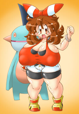 1girls big_breasts big_hair breasts brown_eyes brown_hair cleavage eyelashes female female_focus female_only generation_3_pokemon hips huge_breasts human large_breasts looking_at_viewer may_(pokemon) may_(pokemon_oras) pokemon pokemon_oras shortstack tamori_hataru thick_thighs thighs