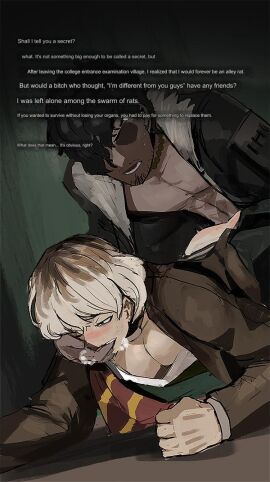 1boy 1girls anal anal_sex artist_request cleavage english_text female grey_background hand_in_mouth lenny_(library_of_ruina) library_of_ruina machine_translated male partially_clothed pete_(library_of_ruina) project_moon prone_bone story tagme translated unknown_artist