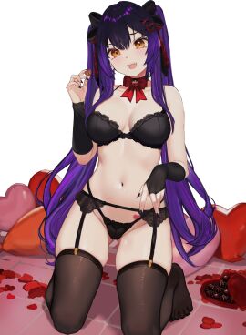 :d ass_visible_through_thighs bangs bare_shoulders black_bra black_nails black_panties black_thighhighs blush bow bowtie bra breasts candy chocolate choker cleavage female food garter_belt hair_ornament hair_ribbon heart heart_pillow holding kneeling kurumi_(vtuber) large_breasts lingerie long_hair looking_at_viewer nail_polish navel no_shoes open_mouth orange_eyes panties petals purple_hair ribbon skindentation smile solo stomach thighhighs thighs twintails underwear underwear_only very_long_hair virtual_youtuber
