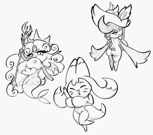 3girls ass big_breasts black_pearl_cookie bouncing_breasts breasts chibi cleft_of_venus closed_eyes cookie_run cookie_run_kingdom cookie_run_ovenbreak crowberry_cookie female female_only fox_girl hair inverted_nipples jumping kumiho_cookie large_breasts line_art looking_at_viewer monochrome multiple_females multiple_girls naked naked_female nipples perky_breasts pussy shortstack smile staff subtle_pussy