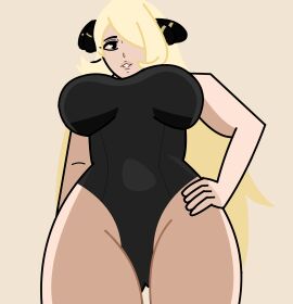 big_breasts big_thighs breasts cynthia_(pokemon) female hand_on_hip pokemon swimsuit