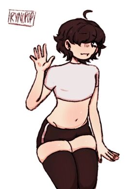 1boy artist_signature bangs bangs_over_one_eye belly belly_button belly_expansion blush bulge bulge_through_clothing crop_top dark_hair earrings expansion expansion_sequence femboy light-skinned_male light_skin male male_only orginal_character original rynopop short_hair shorts simple_background skindentation solo thick_thighs thigh_expansion thighhighs thighs white_background