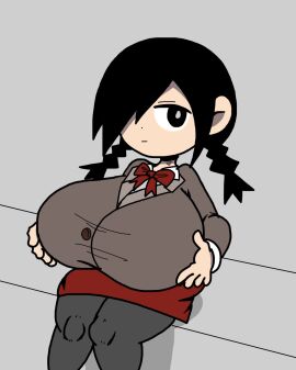 1girls black_hair black_pantyhose bowtie breast_expansion breast_growth breast_growth_(enlargement) breasts brown_jacket buttons closed_mouth collared_jacket expressionless female female_only funamusea goth grabbing_own_breasts hair_over_one_eye huge_breasts jacket mogeko_castle pantyhose poopishness red_bowtie red_skirt shortstack simple_background sitting solo solo_female thick_thighs twin_braids white_pupils yonaka_kurai
