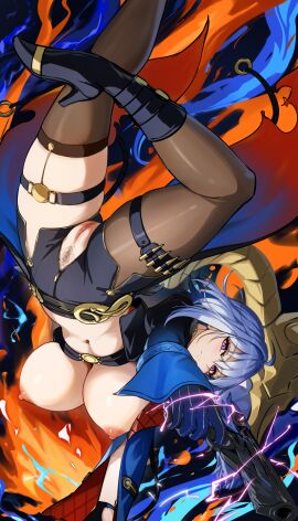 aiming aiming_at_viewer black_boots black_jacket black_pantyhose black_shorts black_thighhighs boots breasts commentary_request cropped_jacket electricity female female_pubic_hair galbrena_(wuthering_waves) grey_hair gun high_heel_boots high_heels highres holding holding_gun holding_weapon jacket large_breasts medium_hair navel niliu_chahui nipples pantyhose pubic_hair purple_eyes pussy shorts single_leg_pantyhose single_thighhigh solo stomach thigh_strap thighhighs uncensored unfinished upside-down weapon wuthering_waves