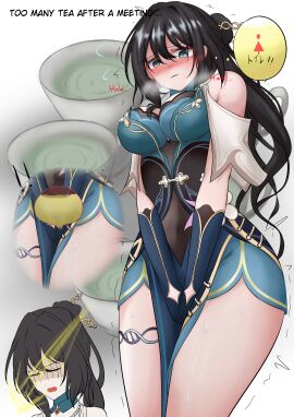 1girls blush breasts female hair hand_between_legs have_to_pee honkai:_star_rail large_breasts memoire peeing ruan_mei_(honkai:_star_rail) sweat tea thick_thighs thighs