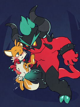 absurd_res anal anal_sex argon_vile ass balls blush bodily_fluids canid canine cum cum_in_ass cum_inside duo erection fleshlight_position fox gay genital_fluids genitals hi_res it'll_never_fit large_insertion leg_grab male male/male mammal neck_grab penetration penis sega size_difference sonic_(series) sonic_the_hedgehog_(series) spread_legs spreading tails tails_the_fox the_deadly_six torso_grab zavok zeti