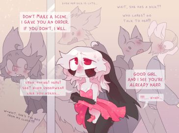 4_fingers antenna_hair anthro balls black_and_white_fur blush bodily_fluids breasts clothed clothing colored comic crowd dialogue dress embarrassed erection female femboy fingers floral_print genitals girly group hair knot lagomorph leporid long_ears male mammal mouth_closed no_underwear ori_(sinnerpen) outside penis pink_clothing pink_dress public public_nudity pupils questionable_consent rabbit red_eyes red_penis shaded simple_shading sinnerpen solo_focus speech_bubble sweat sweatdrop text white_hair