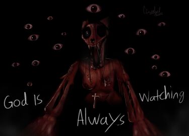 anthro arthropod bodily_fluids bone canid canine ccruelangel cross cross_necklace dialogue female fur gore gore_focus hi_res horror_(theme) humanoid insects jewelry larva looking_at_viewer maggot mammal monster necklace red_body rib_cage rotting rotting_flesh saliva scary sharp_teeth simple_background solo teeth