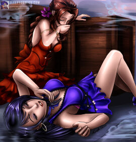 2girls aerith_gainsborough bare_shoulders black_hair blue_dress brown_hair closed_eyes dress female female_only final_fantasy final_fantasy_vii final_fantasy_vii_remake flower_in_hair gas high_heels long_hair sleeping_gas sleepycomics square_enix tagme tifa_lockhart
