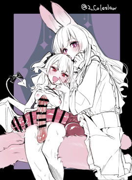 +female 2futas animal_ears animal_penis balls blush breasts censored demon_girl demon_tail demon_wings duo erection female futa_only futa_with_futa futanari highres horse_penis huge_balls huge_cock huge_testicles intersex long_hair looking_at_viewer mirin_chikuwa nipples open_mouth original penis penis_size_difference penises_touching pointy_ears precum purple_eyes rabbit_ears rabbit_girl rabbit_tail red_eyes sitting sitting_on_lap sitting_on_person small_breasts smile tail testicles wings