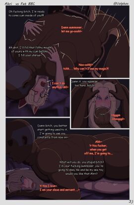 1boy 1girls ahri big_penis blonde_hair comic dark-skinned_male dark_skin english_text fat_bastard fellatio female fox_ears fox_girl fox_tail interracial league_of_legends light-skinned_female light_skin male missionary_position old_male open_mouth oral penis prone_bone ugly_bastard volphos