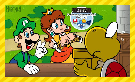 1girls 2boys accurate_art_style anthro artstyle_imitation blue_eyes blue_overalls breasts breasts_out brown_hair clothing crown facial_hair female gloves grass green_hat green_shirt human koopa koopa_troopa lipstick luigi male mario_(series) mario_party moustache nintendo nipple_piercing nipples open_mouth outdoors piercing princess princess_daisy reptile royalty scalie shell showing_breasts super_mario_party_jamboree the_moss-man turtle white_gloves
