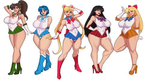 5girls abdomen ami_mizuno big_breasts bishoujo_senshi_sailor_moon blonde_hair blue_hair blush bow breasts brown_hair clothing female huge_breasts jakuson_z large_breasts lipstick looking_at_viewer makoto_kino minako_aino multiple_females multiple_girls muscular muscular_legs navel panties pose rei_hino sailor_jupiter sailor_mars sailor_mercury sailor_moon sailor_venus skirt thick_thighs thighs uniform usagi_tsukino voluptuous white_background