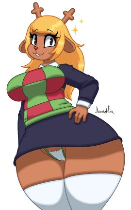 big_breasts breasts deltarune female furry huge_breasts jhenightfox microskirt noelle_holiday panties skirt tagme thick_thighs white_panties wide_hips