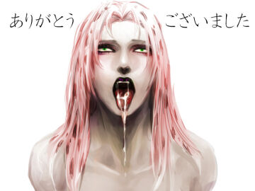 1boy cum cum_in_mouth cum_on_tongue diavolo dripping dripping_cum drooling feminine_faced_male green_eyes human human_male ichimoku japanese_text jojo's_bizarre_adventure light-skinned_male light_skin long_hair male naked naked_male nude nude_male open_mouth pink_hair shounen_jump simple_background solo solo_male tongue tongue_out vento_aureo