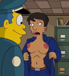1boy 1girls 20th_century_studios accurate_art_style black_hair blue_hair breasts breasts_out chief_wiggum clothing dark-skinned_female dark_skin duo ear_piercing female human lipstick looking_at_breasts male nipples open_mouth policeman smile the_simpsons unknown_artist yellow_body yellow_skin