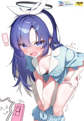 ! 1boy ^^^ absurdres black_halo blue_archive blue_eyes blue_hair blue_pajamas blue_shirt blue_shorts blush bow_hairband breasts cleavage clothes_pull collarbone commentary_request controller doodle_sensei_(blue_archive) drawing_flover embarrassed female hairband halo highres holding holding_remote_control implied_vibrator long_hair looking_at_viewer medium_breasts nose_blush official_alternate_costume official_alternate_hairstyle open_mouth pajamas panties pink_panties pov pov_hands print_pajamas pussy_juice remote_control remote_control_vibrator sensei_(blue_archive) sex_toy shirt short_shorts shorts shorts_pull simple_background tearing_up thighs trembling underwear v-shaped_eyebrows vibrator white_background white_hairband wireless_sex_toy_controller yuuka_(blue_archive) yuuka_(pajamas)_(blue_archive)