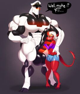 1_eye 1demon 1robot 2024 2boys auto_(wall-e) big_penis clothed demon dymitr3 femboy feminine glasses imp licking_penis male male/male muscular muscular_male naked non-human non-human_only oc penis pixar red_eyes red_skin robot size_difference skinny submissive_male wall-e white_body white_hair