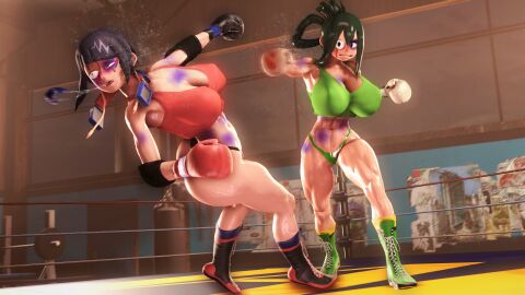 2girls 3d 3d_(artwork) abs alternate_breast_size alternate_version_available ass big_ass big_breasts big_butt boxing boxing_gloves boxing_ring breasts bruise bruised bruises catfight female female_only fight fighting fighting_ring gloves green_hair griffanz gym huge_breasts jirou_kyouka kyoka_jiro large_ass large_breasts large_butt long_hair mouthpiece multiple_females multiple_girls muscular muscular_female my_hero_academia punch punching punching_face purple_hair red_boxing_gloves red_gloves ryona short_hair tsuyu_asui vs white_boxing_gloves white_gloves wide_hips