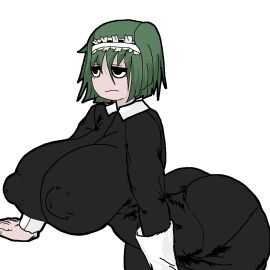 1girls big_breasts black_eyes black_outfit breasts dissappointed_look female green_hair iya_maid kokorikokoro_(artist) maid maid_outfit maid_uniform maidcore nipples nipples_visible_through_clothing traced white_skin