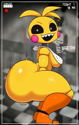 animatronic ass bottomless breasts camera_view color dialogue english_text female five_nights_at_freddy's huge_ass jutsapostion looking_at_viewer side_view smile solo squatting toy_chica_(fnaf) twerking