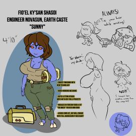 alien alien_girl alien_humanoid blue_skin blush breasts brown_hair curvy curvy_figure digital_drawing_(artwork) drawing earth_caste engineer female female_only hooves inverted_nipples knee_pads large_breasts mechanic military_pants nkaiz00 original_character pubic_hair red_eyes reference_sheet short shortstack side_view slightly_chubby slightly_chubby_female sunny_(nkaiz00) tanktop tau tomboy warhammer_(franchise) warhammer_40k wide_hips