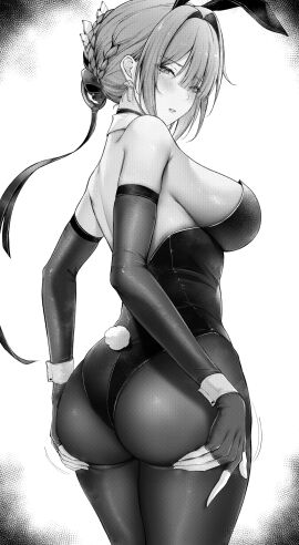 1girls absurdres aisutei alternate_costume animal_ears armpit_crease ass ass_support back bare_shoulders blush braid braided_bun breasts commentary earrings elbow_gloves english_commentary evelyn_chevalier fake_animal_ears fake_tail female fingerless_gloves from_behind gloves greyscale hair_bun hair_intakes highres jewelry large_breasts leotard long_ribbon looking_at_viewer looking_back median_furrow mole mole_under_eye monochrome pantyhose parted_lips rabbit_ears rabbit_tail ring_hair_ornament short_hair solo tail wrist_cuffs zenless_zone_zero