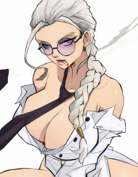 big_breasts breasts cigarette clothed clothing female foonie_xd glasses gokurakugai gokurakugai_sanbandori_no_ken no_bra no_panties older_female shades shirt shirt_only sister_tao smoke smoking strip stripping suit sunglasses tao_saotome tie tinted_eyewear