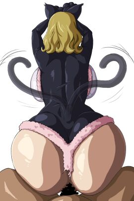 black_high_heel_boots black_legwear black_stockings blonde_hair blue_eyes blush breasts cat_ears cat_girl cat_tail catgirl catsuit censored cleavage code_geass female female_only footwear happy huge_breasts iwao178 long_sleeves medium_hair milf milly_ashford one_eye_closed open_mouth sleeves_past_elbows solo_focus