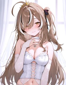 1girls ai_generated belly belly_button blush bridal_gauntlets bride brown_hair hololive hololive_english large_breasts long_hair nanashi_mumei navel virtual_youtuber wedding_ring wedding_veil white_bra white_panties white_sleeves yellow_eyes