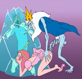 2d 2d_animation adventure_time animated artist_name artist_request ass beard_stubble blue_body blue_penis breasts crown finn_the_human frozen huge_cock ice_king older_male pink_skin princess_bubblegum testicles veiny_penis