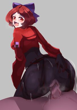 1boy adapted_costume akatsuki_records alpacapac_a ass bodysuit bow breasts clothed_female_nude_male commentary female grey_background hairbow highres latex latex_ass latex_bodysuit latex_breasts latex_clothing latex_gloves latex_skin latex_skinsuit latex_suit latex_thigh_highs latex_thighhighs long_sleeves looking_at_viewer looking_back male nude oerba_yun_fang open_mouth penis pov purple_bow pussy red_eyes red_hair rock_'n'_rock_'n'_beat rock_n_rock_n_beat sapiens sekibanki sex simple_background skin_fang solo_focus straight touhou vaginal_penetration