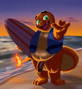 1boy 1male 2025 absurd_res balls beach belly ben_d_koopa bodily_fluids charmander chubby chubby_belly chubby_male cock cum cum_drip cum_dripping cum_dripping_from_penis dick fanart flaccid flaccid_cock flaccid_penis flaming_tail gay green_eyes hadou_(satsui-n0-had0u) illustration life_vest looking_at_viewer male male_only naked naked_male nintendo nude nude_anthro nude_male open_mouth orange_body outdoor_nudity outdoors outside outside_nudity penis pokemon pokemon_(species) satsui shaka_sign smile smiling solo solo_anthro solo_focus solo_male sunset surfboard tail thick_thighs