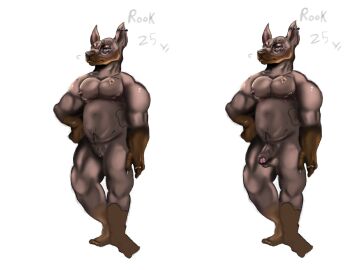 anthro balls biped brown_body brown_eyes canid canine canis cuntboy domestic_dog ear_piercing erection foreskin genitals hi_res humanoid_genitalia humanoid_penis intersex male mammal mastectomy_scar pecckart penis piercing pussy rook_(pecckart) scar simple_background solo standing uncircumcised white_background