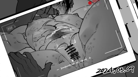 1boy abuse after_sex bite_mark bite_mark_on_stomach bite_mark_on_thigh blush bruise cum cum_on_body cuntboy cuntboy_with_male dated doki_(doki_66_44) fellatio fucked_silly group_sex hand_on_another's_thigh hickey highres injury intersex irrumatio jujutsu_kaisen male male_focus nipples nosebleed oral pussy recording rolling_eyes rough_sex ryona scribble_censor spread_legs threesome toji_fushiguro