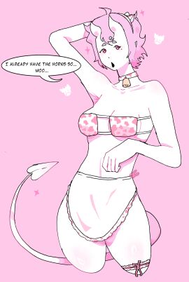cow_print cow_print_bikini demon oc original_character pink_eyes pink_hair succubus succubus_horns succubus_tail the_pink_succubus vinny_bonnet white_body