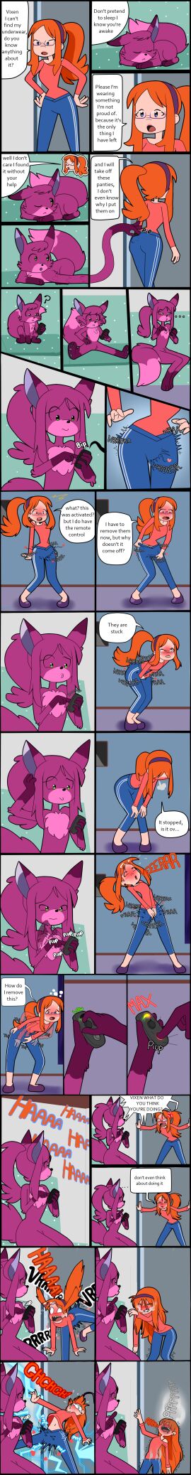 2girls anthro blush comic electric_shock electrostimulation english_text epsilonark female female_only full-face_blush ginger glasses human long_hair orange_hair orgasm ponytail remote remote_control remote_control_vibrator sex_toy sidelocks vibrating_panties vibrator vibrator_under_clothes vibrator_under_panties